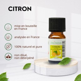 Huile essentielle de citron 100% naturelle en flacon de 10 ml, idéale pour l'aromathérapie et fabriquée en France. Huile essentielle de citron 100% naturelle en flacon de 10 ml, idéale pour l'aromathérapie et fabriquée en France.