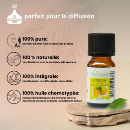Huile essentielle de citron 100% naturelle en flacon de 10 ml, idéale pour l'aromathérapie et fabriquée en France. Huile essentielle de citron 100% naturelle en flacon de 10 ml, idéale pour l'aromathérapie et fabriquée en France.