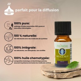 Flacon de 10 ml d'huile essentielle synergie douce nuit, mélange d'huiles essentielles à diffuser. Flacon de 10 ml d'huile essentielle synergie douce nuit, mélange d'huiles essentielles à diffuser.