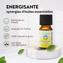 Flacon de 10 ml d'huile essentielle synergie énergisante fabriqué en France Flacon de 10 ml d'huile essentielle synergie énergisante fabriqué en France