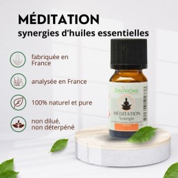 Flacon de 10 ml d'huile essentielle synergie méditation à diffuser, fabriqué en France. Flacon de 10 ml d'huile essentielle synergie méditation à diffuser, fabriqué en France.