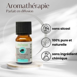 Flacon de 10 ml d'huile essentielle synergie relaxante, mélange d'huiles essentielles à diffuser, fabriqué en France. Flacon de 10 ml d'huile essentielle synergie relaxante, mélange d'huiles essentielles à diffuser, fabriqué en France.