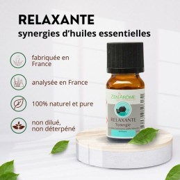 Flacon de 10 ml d'huile essentielle synergie relaxante, mélange d'huiles essentielles à diffuser, fabriqué en France. Flacon de 10 ml d'huile essentielle synergie relaxante, mélange d'huiles essentielles à diffuser, fabriqué en France.