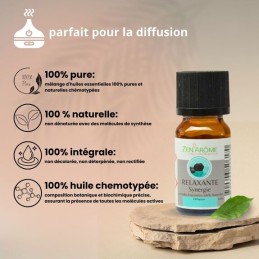Flacon de 10 ml d'huile essentielle synergie relaxante, mélange d'huiles essentielles à diffuser, fabriqué en France. Flacon de 10 ml d'huile essentielle synergie relaxante, mélange d'huiles essentielles à diffuser, fabriqué en France.