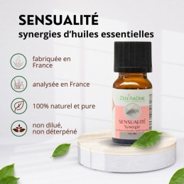 Flacon de 10 ml d'huile essentielle synergie sensualité, mélange d'huiles essentielles à diffuser, fabriqué en France Flacon de 10 ml d'huile essentielle synergie sensualité, mélange d'huiles essentielles à diffuser, fabriqué en France