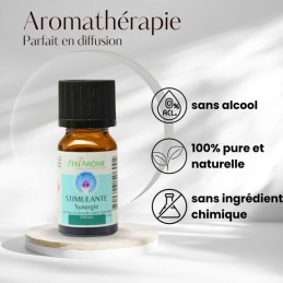 Flacon de 10 ml d'huile essentielle synergie stimulante, mélange d'huiles essentielles à diffuser, fabriqué en France. Flacon de 10 ml d'huile essentielle synergie stimulante, mélange d'huiles essentielles à diffuser, fabriqué en France.