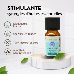 Flacon de 10 ml d'huile essentielle synergie stimulante, mélange d'huiles essentielles à diffuser, fabriqué en France. Flacon de 10 ml d'huile essentielle synergie stimulante, mélange d'huiles essentielles à diffuser, fabriqué en France.