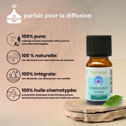 Flacon de 10 ml d'huile essentielle synergie stimulante, mélange d'huiles essentielles à diffuser, fabriqué en France. Flacon de 10 ml d'huile essentielle synergie stimulante, mélange d'huiles essentielles à diffuser, fabriqué en France.