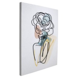 Tableau multicolore représentant une femme entourée de fleurs roses.