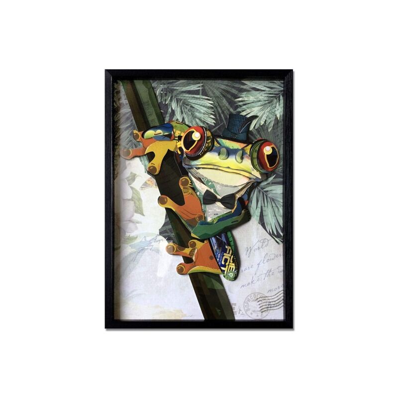 Tableau collage 3D grenouille avec chapeau haut de forme, œuvre multicolore ADM Tableau collage 3D grenouille avec chapeau haut de forme, œuvre multicolore ADM