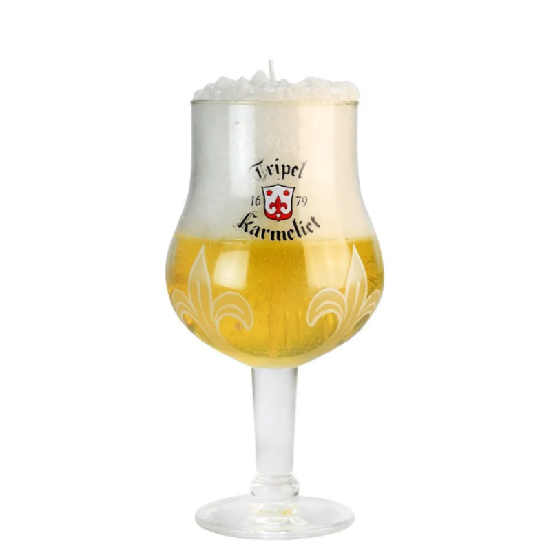Bougie artisanale dans verre à bière Karmeliet avec effet mousse de bière Bougie artisanale dans verre à bière Karmeliet avec effet mousse de bière