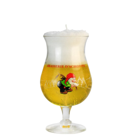 Bougie artisanale parfumée dans un verre à bière Chouffe avec effet mousse Bougie artisanale parfumée dans un verre à bière Chouffe avec effet mousse