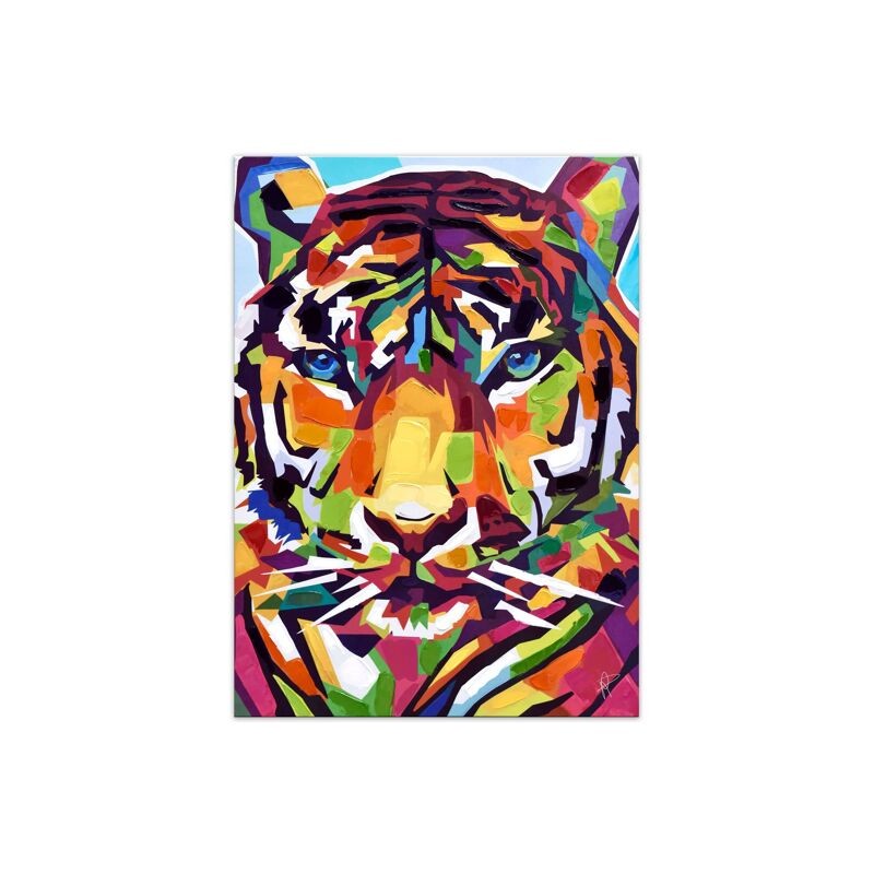 Tableau pop art tiger multicolore sur toile avec décorations en relief Tableau pop art tiger multicolore sur toile avec décorations en relief