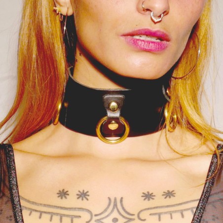Collier en cuir Collection Anneaux NOIR & GOLD  - The Sinners - BDSM Collier en cuir Collection Anneaux NOIR & GOLD  - The Sinners - BDSM
