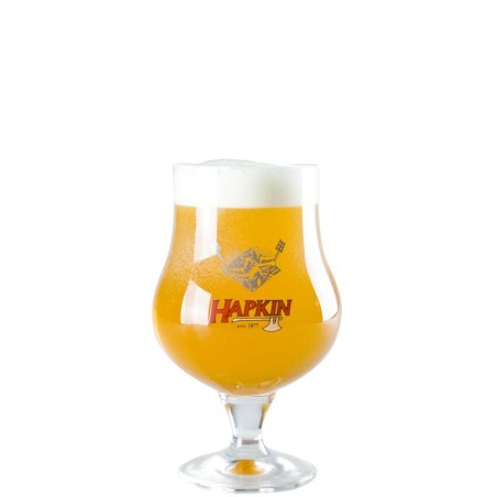 Verre à bière Hapkin 33 cl de la brasserie Alken Maes, verre tulipe avec logo rouge et noir