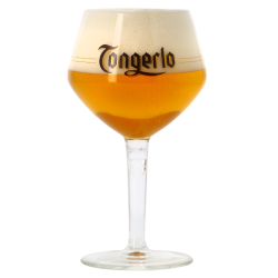 Verre à bière Tongerlo 33 cl posé sur une table en bois