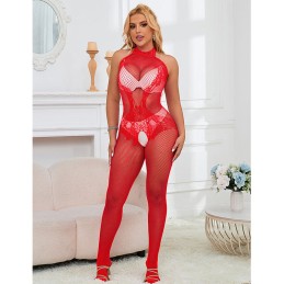 SUBBLIME - 952372 BODYSTOCKING RÉSILLE ET DENTELLE SANS FOURRURE COL MONTANT ROUGE TAILLE UNIQUE